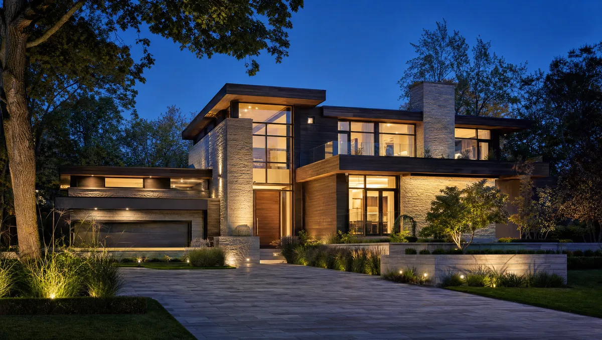 Finished luxury custom home at dusk, ready for handover to its Toronto owners