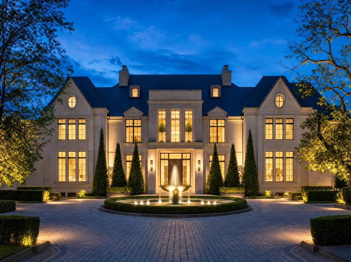 Custom home construction project on The Bridle Path, Toronto — modern stone estate with interlocking courtyard driveway at dusk