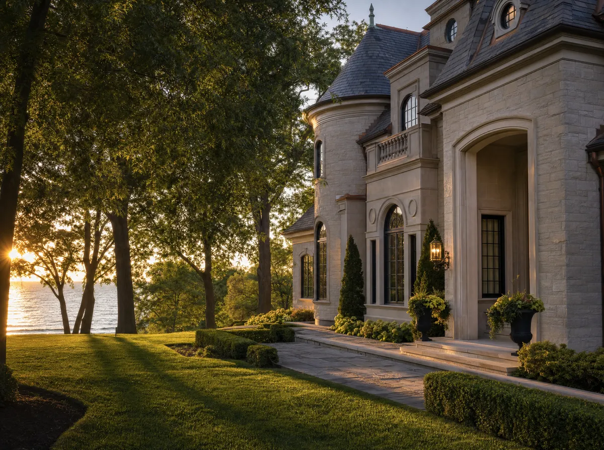 Custom lakeside home in Old Oakville — limestone facade with slate roof and copper accents at golden hour