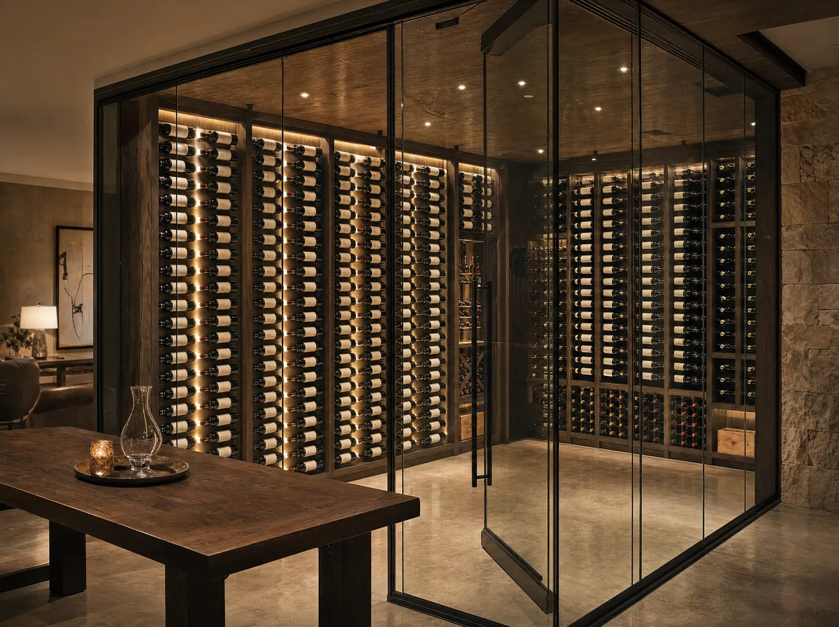 Glass-enclosed wine cellar in Royal Orchard, Thornhill — backlit display with dark oak and black steel